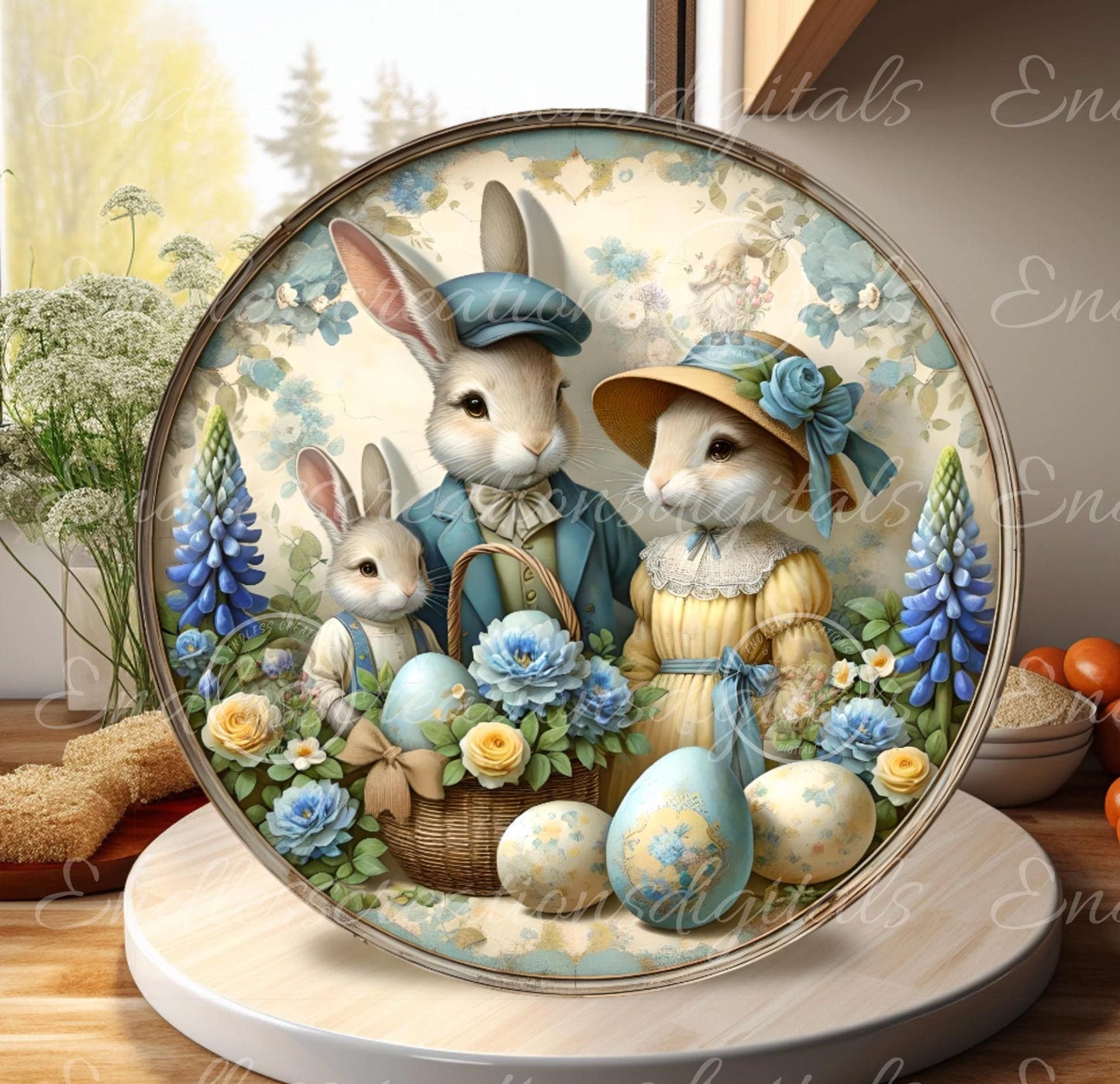BLUE YELLOW VINTAGE Bunny family