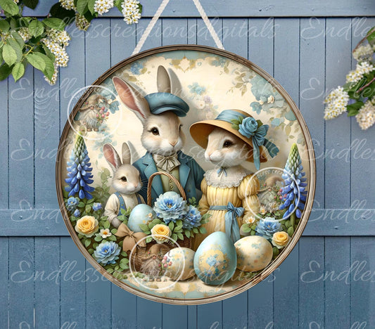 BLUE YELLOW VINTAGE Bunny family