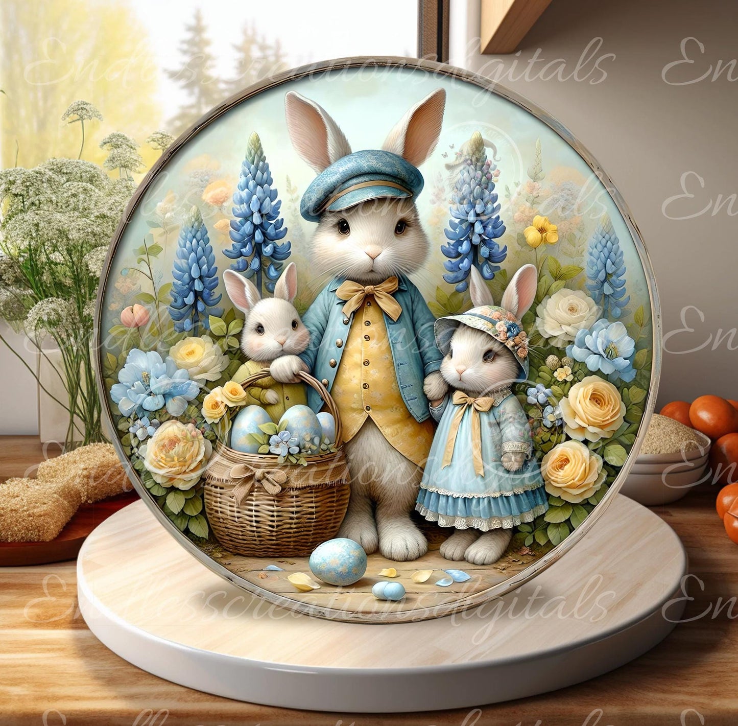VINTAGE YELLOW BLUE Bunny family