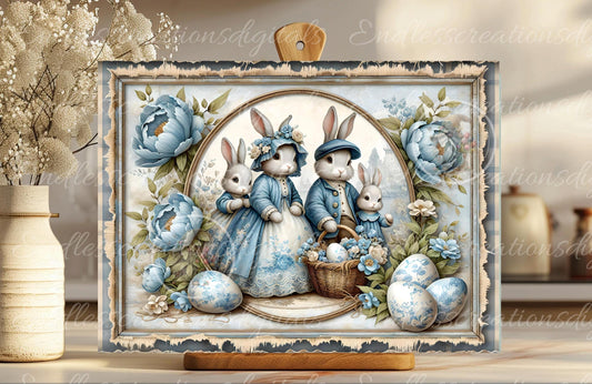 VINTAGE BUNNY FAMILY Blue and Yellow RECTANGLE