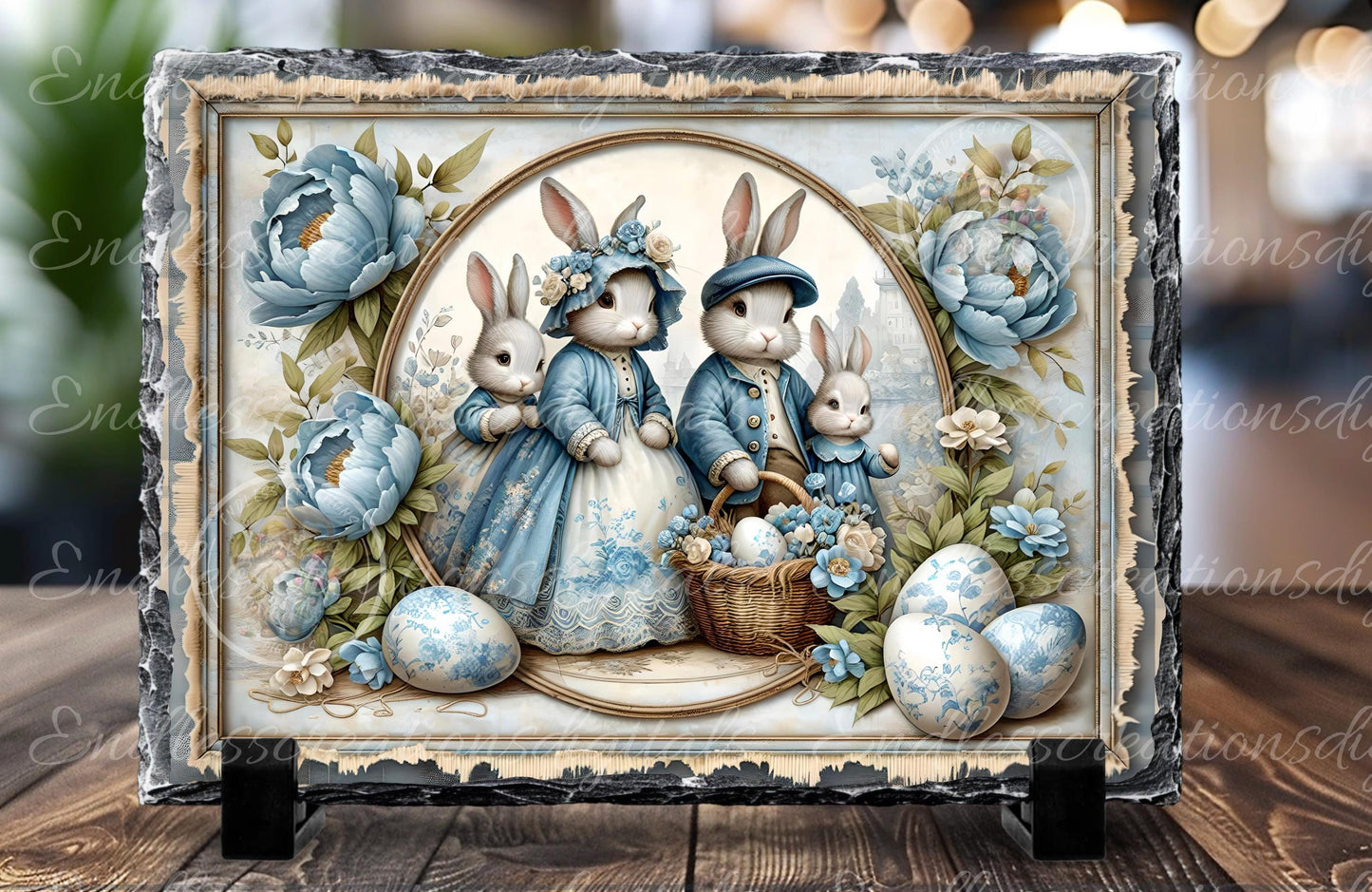 VINTAGE BUNNY FAMILY Blue and Yellow RECTANGLE