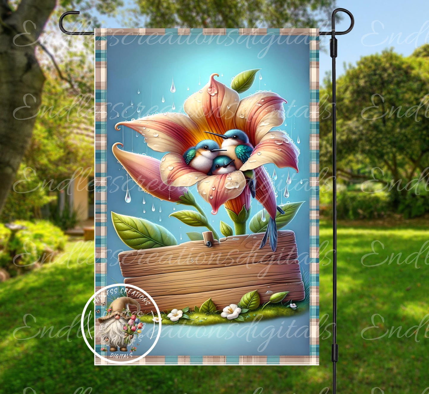 FLORAL HUMMINGBIRDS WELCOME Garden flag