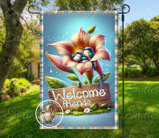 FLORAL HUMMINGBIRDS WELCOME Garden flag