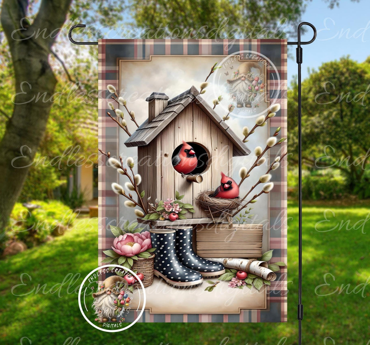 BIRDHOUSE CARDINALS Garden flag