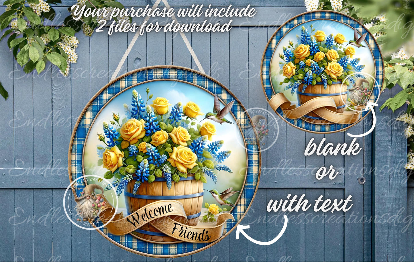 WELCOME FRIENDS BLUEBONNETS Yellow Roses