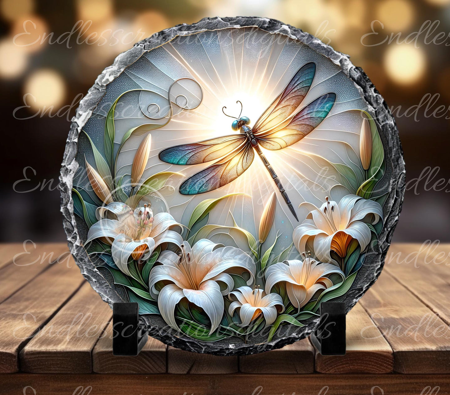 WHITE LILY DRAGONFLY SPRING Stained Glass Look