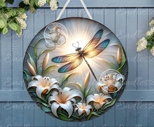 WHITE LILY DRAGONFLY SPRING Stained Glass Look