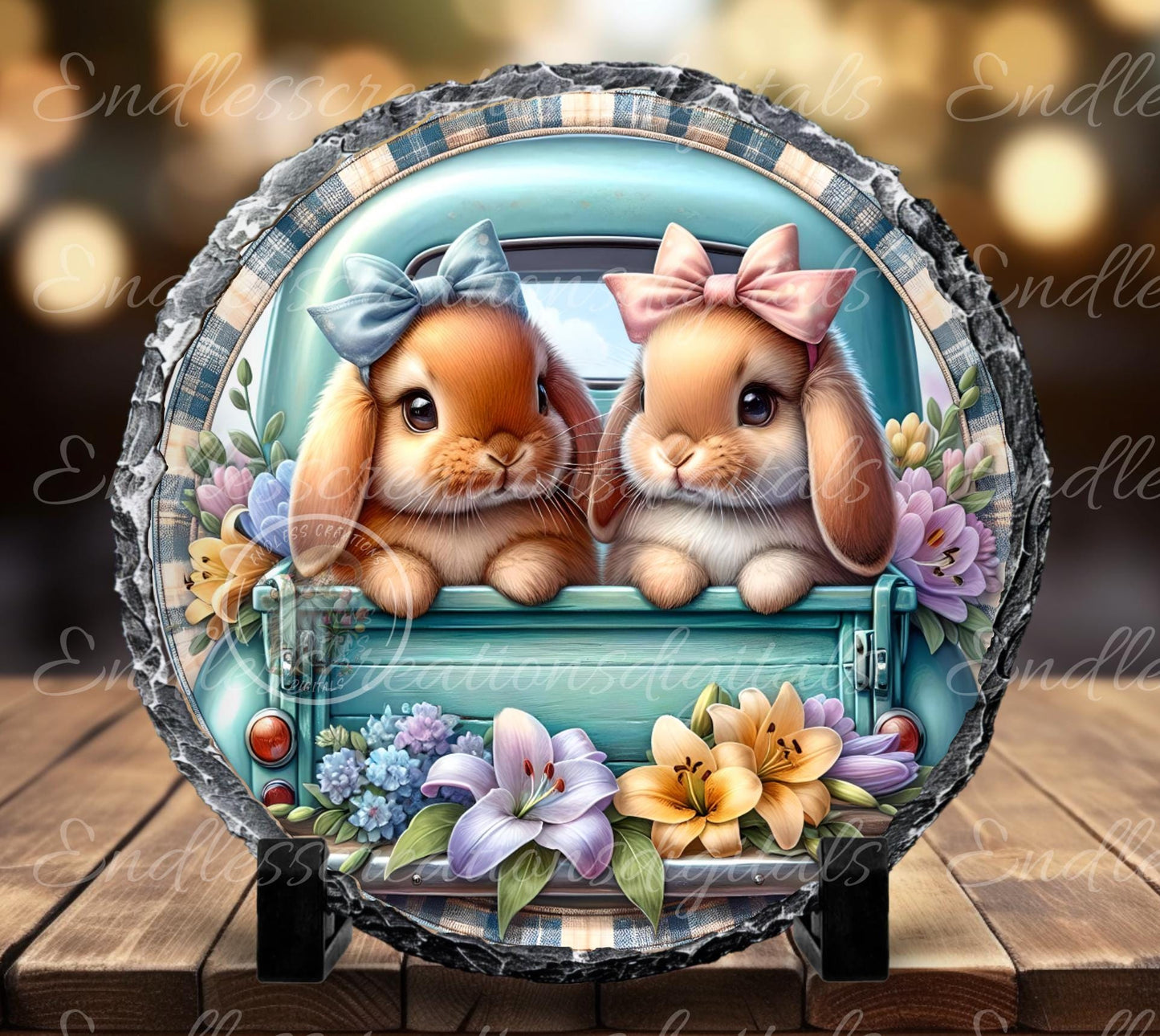 EASTER BLUE TRUCK with 2 Cute Bunnies