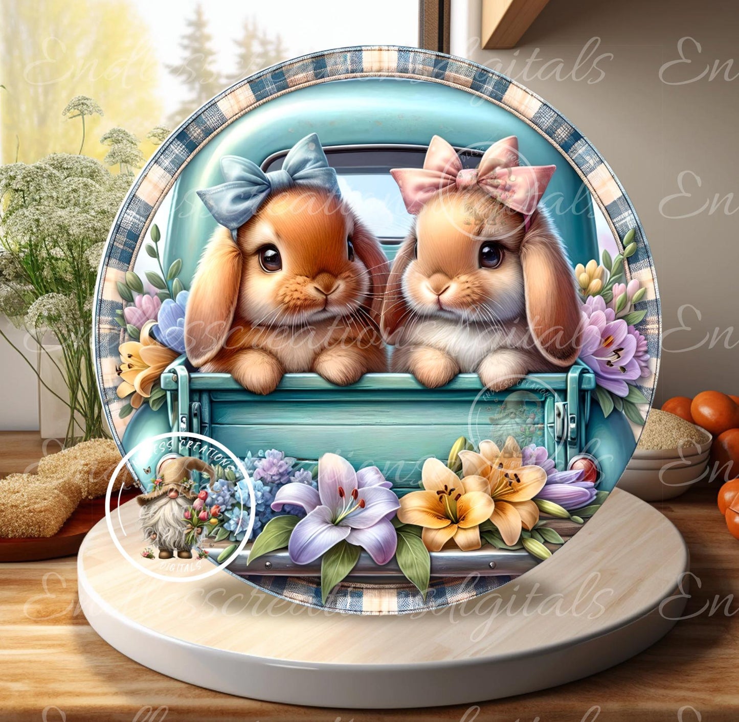 EASTER BLUE TRUCK with 2 Cute Bunnies