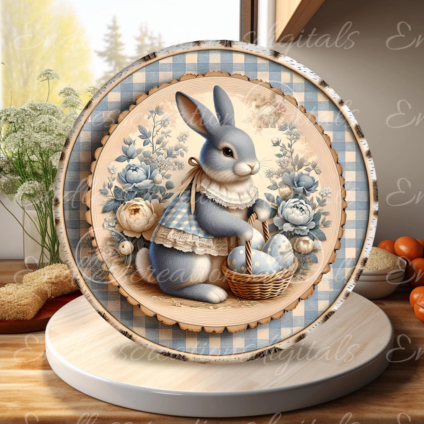 BLUE BIRCH GINGHAM VINTAGE Easter Rabbit Round