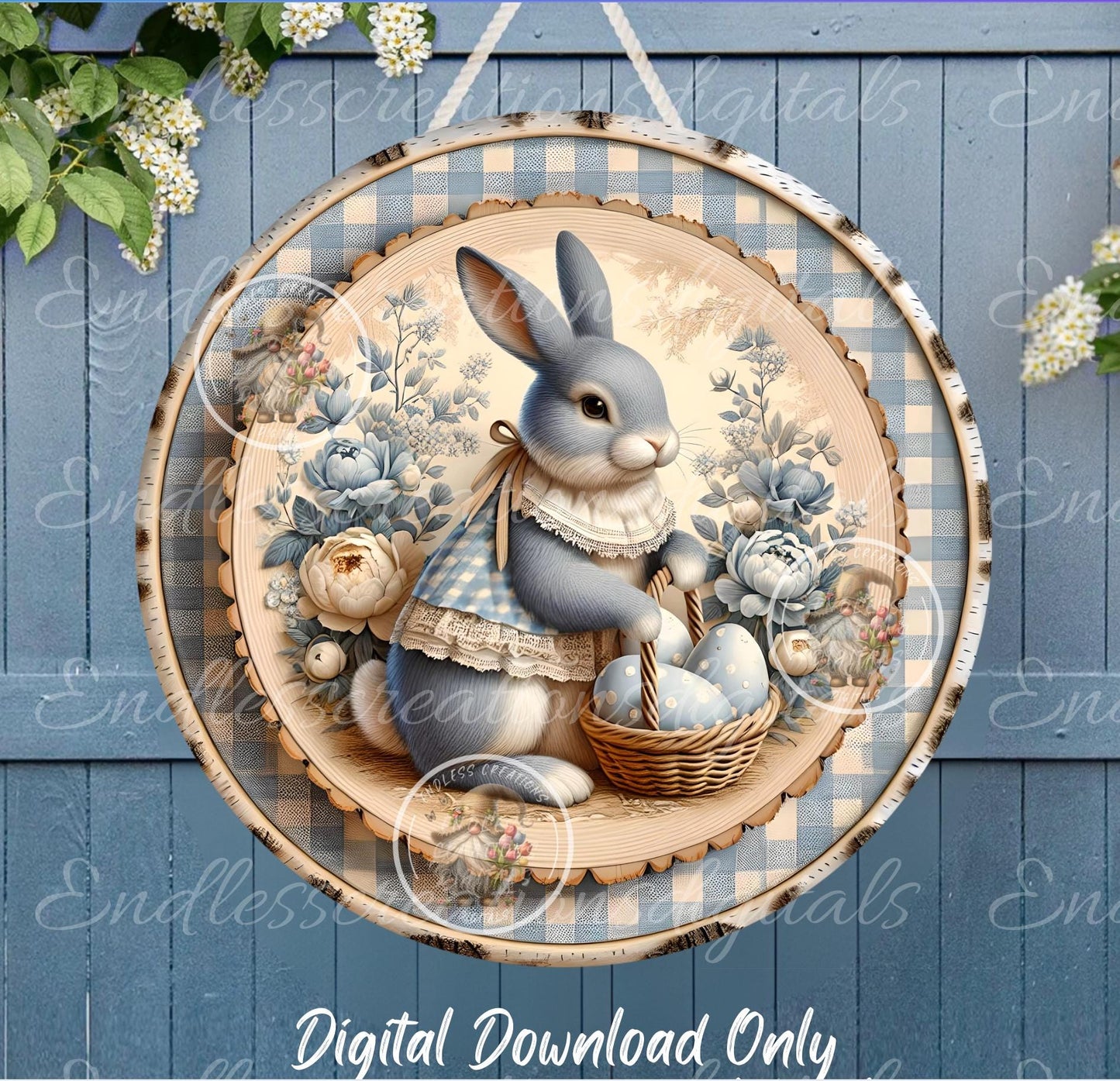 BLUE BIRCH GINGHAM VINTAGE Easter Rabbit Round