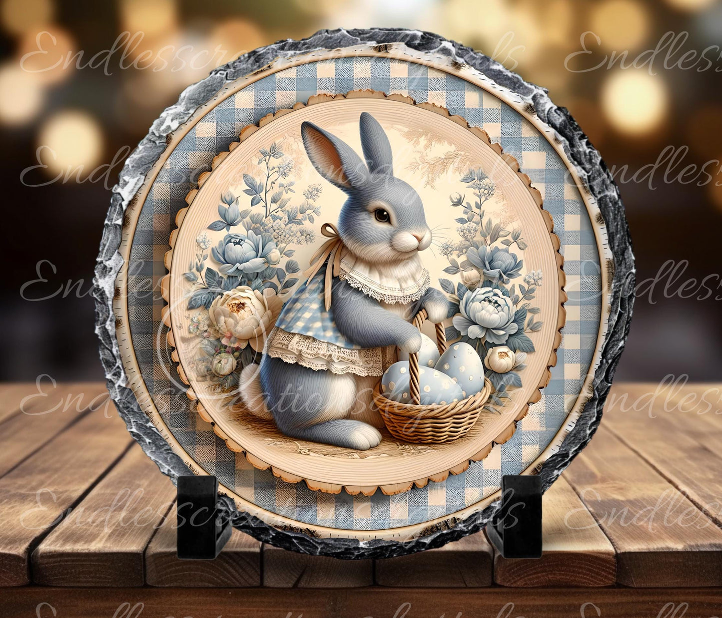 BLUE BIRCH GINGHAM VINTAGE Easter Rabbit Round