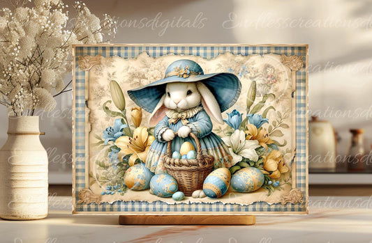 VINTAGE YELLOW BLUE Girl Bunny