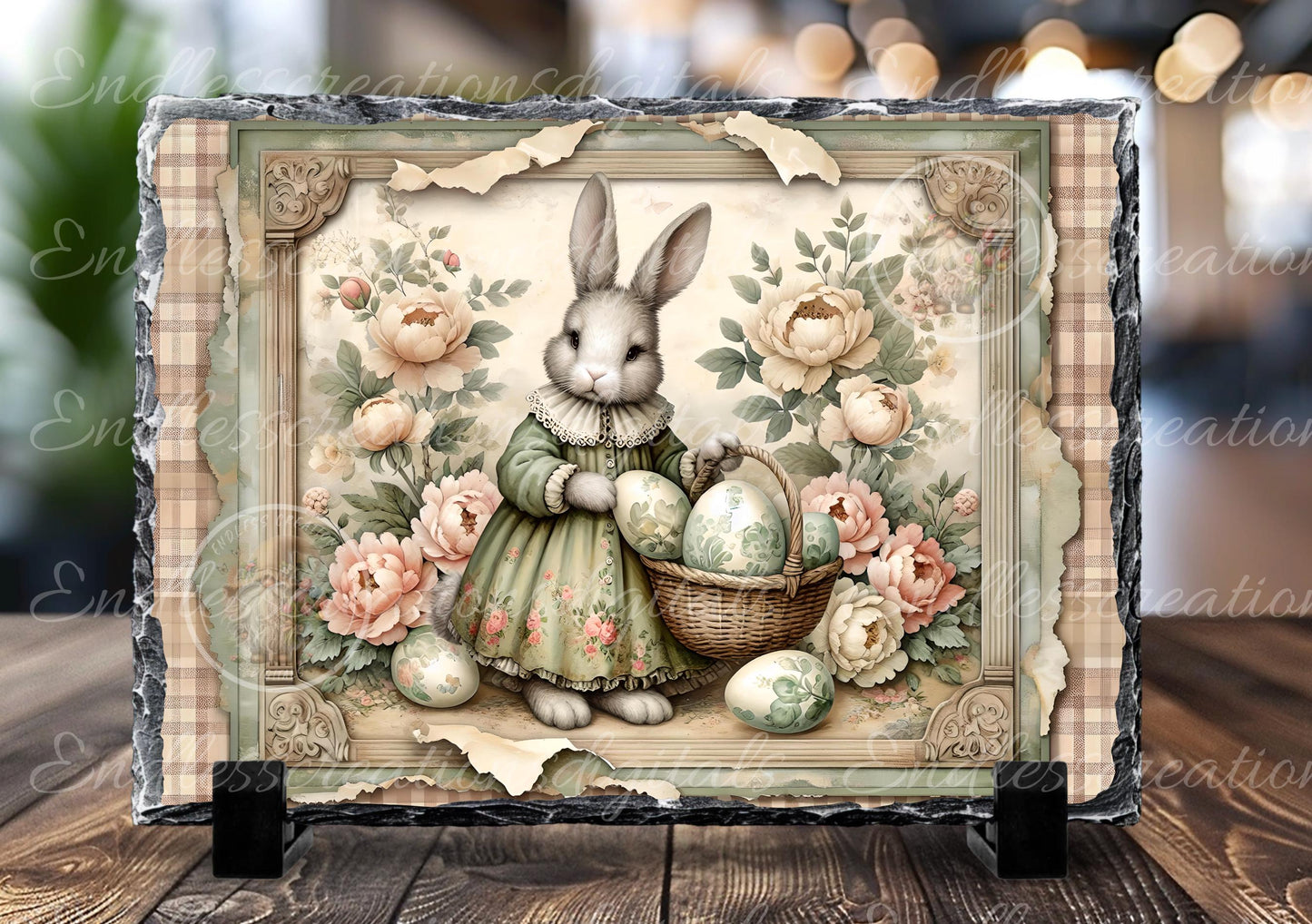 VINTAGE GREEN PINK GIRL BUNNY RECTANGLE