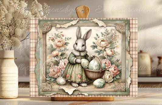 VINTAGE GREEN PINK GIRL BUNNY RECTANGLE