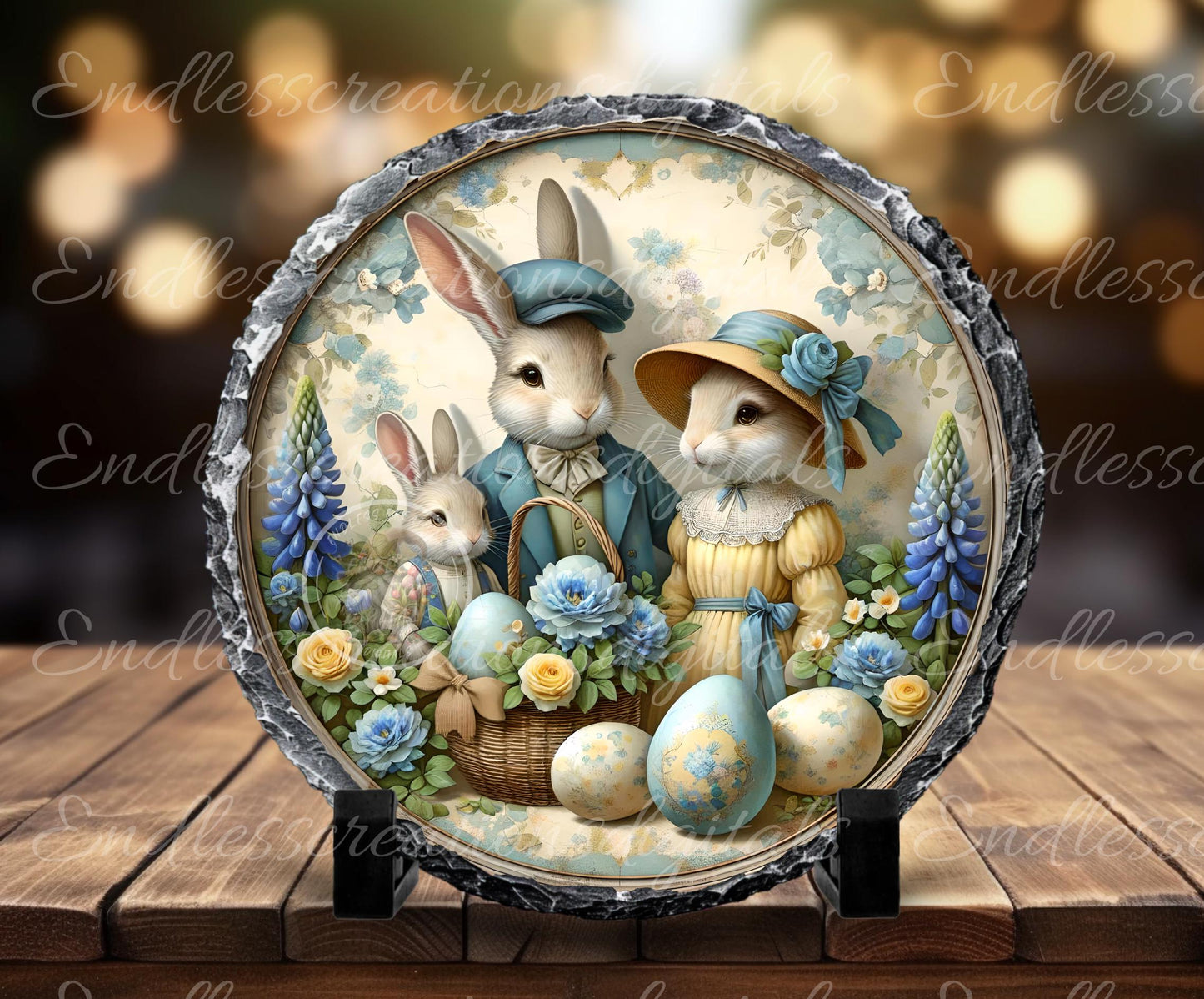 BLUE YELLOW VINTAGE Bunny family