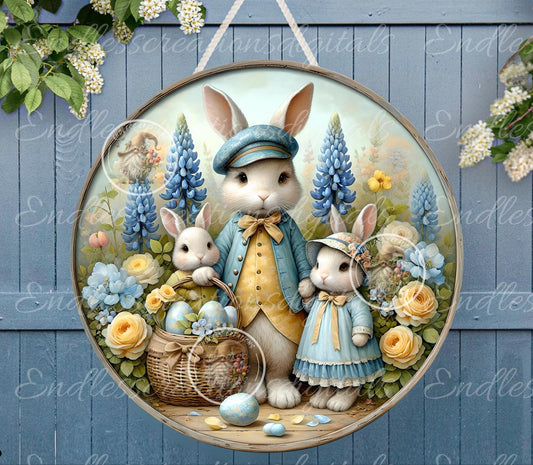 VINTAGE YELLOW BLUE Bunny family