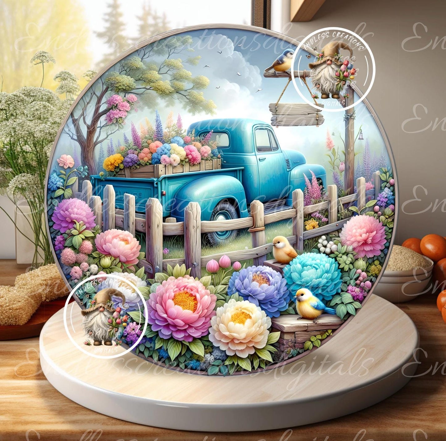 SUMMER BLUE TRUCK Floral Round