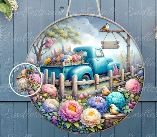 SUMMER BLUE TRUCK Floral Round