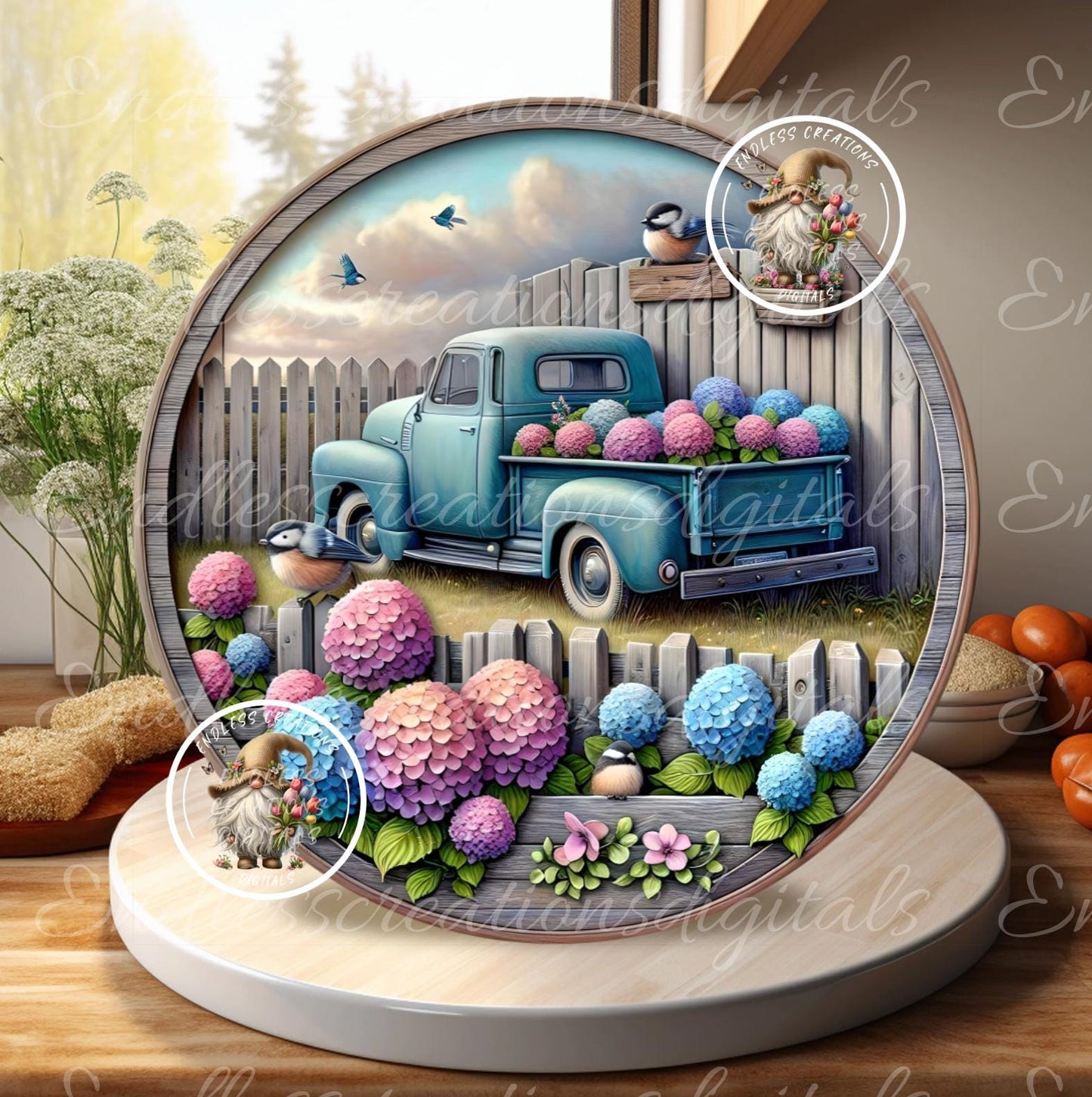 SUMMER BLUE TRUCK Floral Round