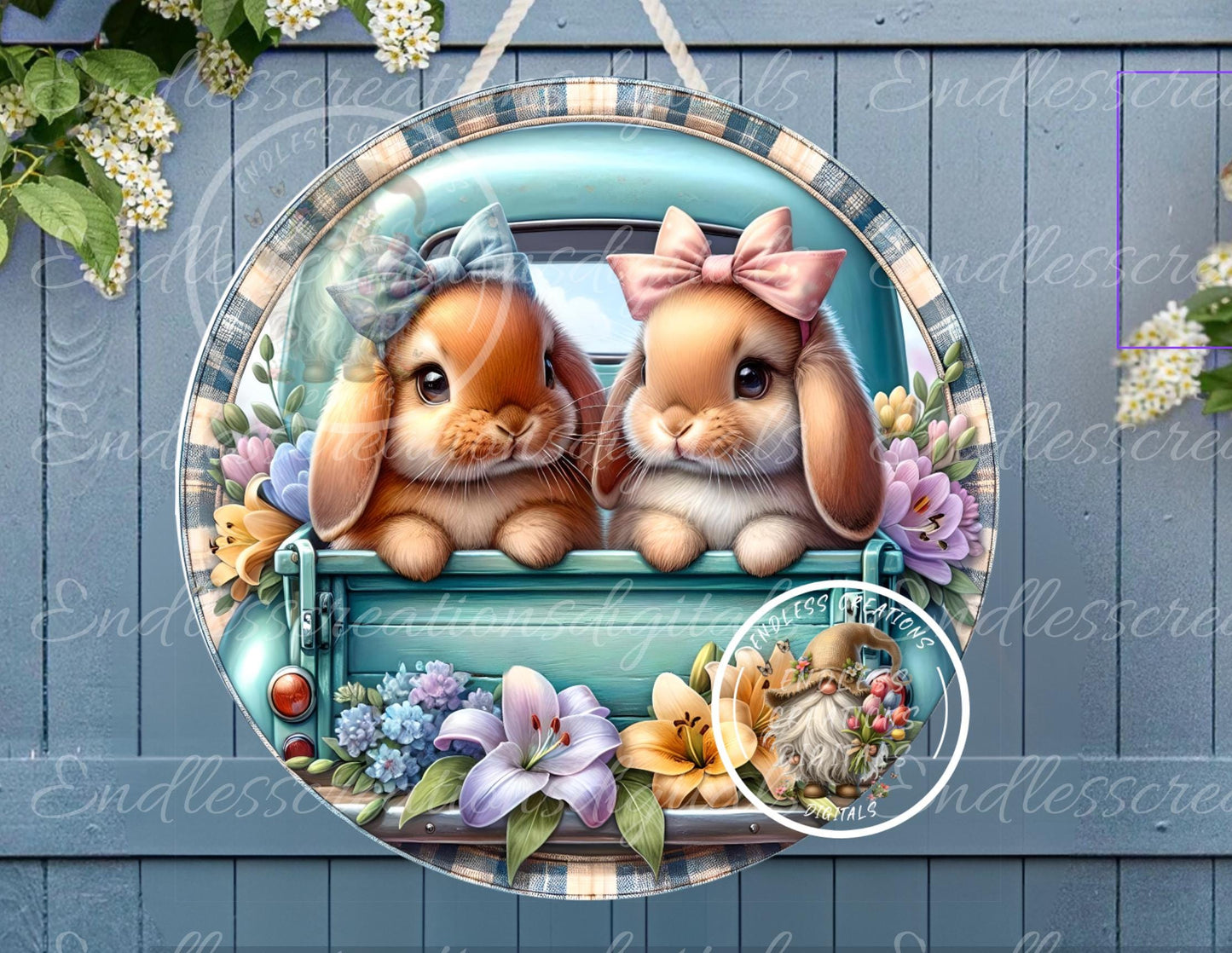 EASTER BLUE TRUCK with 2 Cute Bunnies