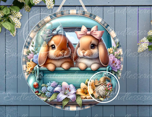 EASTER BLUE TRUCK with 2 Cute Bunnies