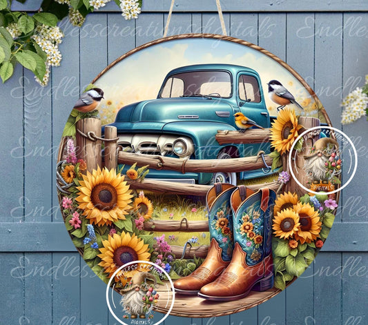 SUMMER BLUE TRUCK FLORAL ROUND