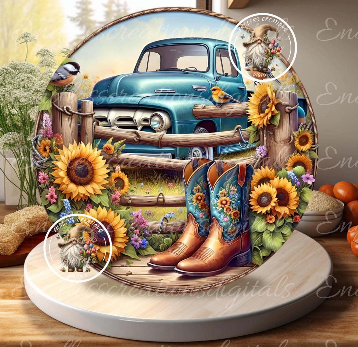 SUMMER BLUE TRUCK FLORAL ROUND