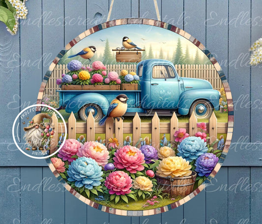 SUMMER BLUE TRUCK Floral Round