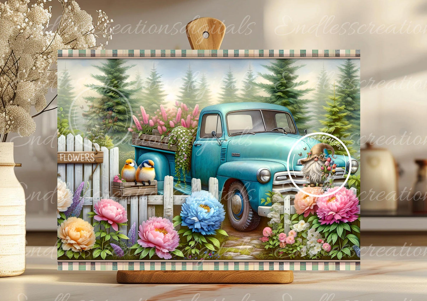 RECTANGLE BLUE TRUCK Floral Cutting Board