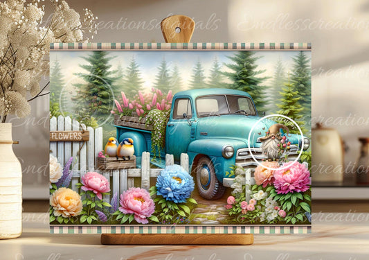 RECTANGLE BLUE TRUCK Floral Cutting Board