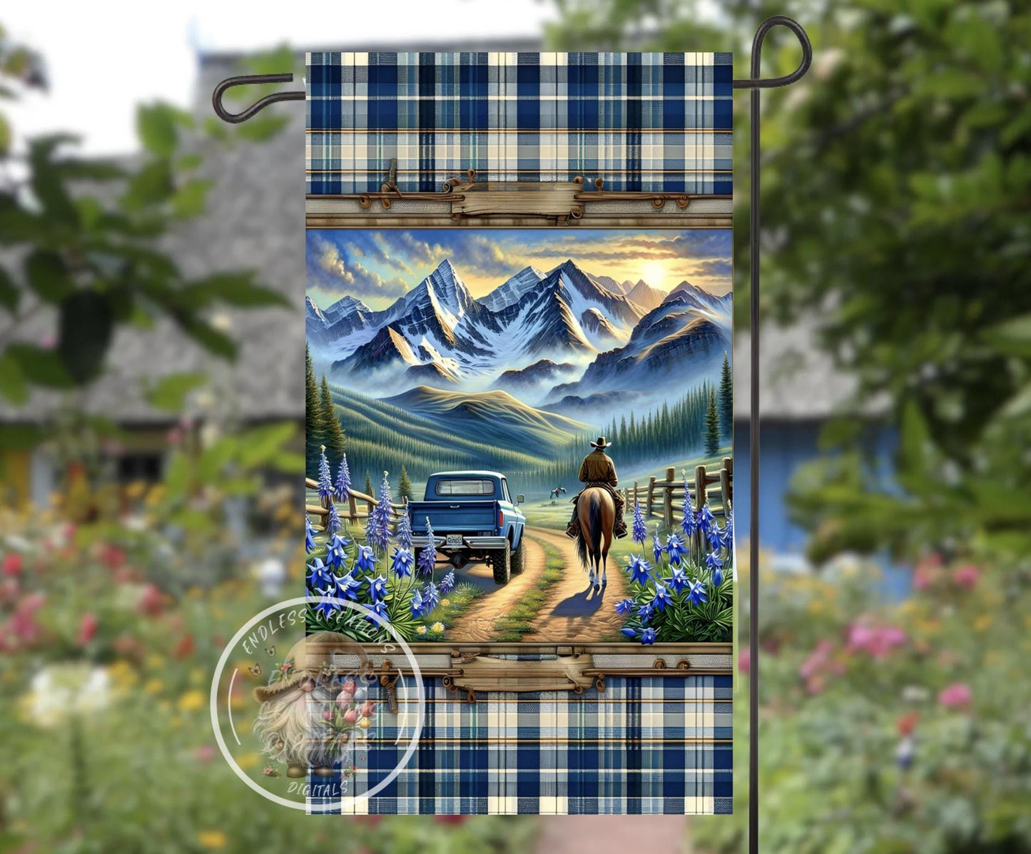 BLUE TRUCK FLORAL Mountains Garden Flag