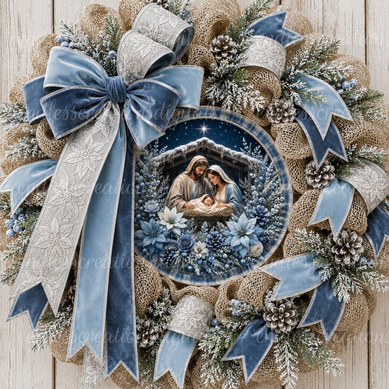 MANGER NATIVITY BLUE ROUND